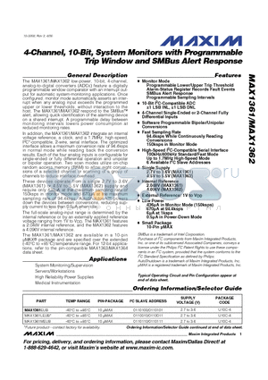 MAX1361LEUB datasheet - 4-Channel, 10-Bit, System Monitors with Programmable Trip Window and SMBus Alert Response