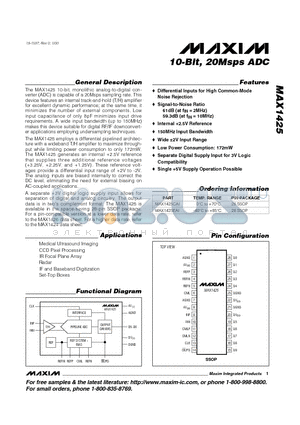 MAX1425CAI datasheet - 10-Bit, 20Msps ADC