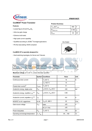 IPB60R199CP_09 datasheet - CoolMOS Power Transistor