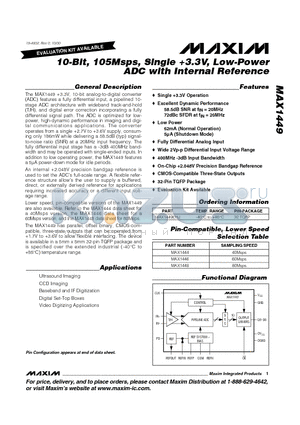 MAX1449 datasheet - 10-Bit, 105Msps, Single 3.3V, Low-Power ADC with Internal Reference