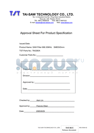 TA0280A datasheet - SAW Filter 868.30MHz SMD5X5mm