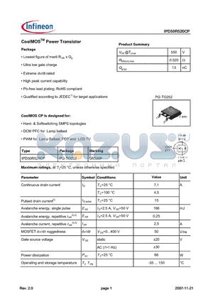 IPD50R520CP datasheet - CoolMOSTM Power Transistor