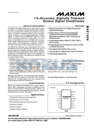 MAX1458 datasheet - 1%-Accurate, Digitally Trimmed Sensor Signal Conditioner