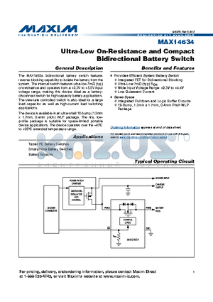 MAX14634 datasheet - Ultra-Low On-Resistance and Compact Bidirectional Battery Switch