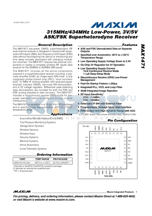 MAX1471 datasheet - 315MHz/434MHz Low-Power, 3V/5V ASK/FSK Superheterodyne Receiver
