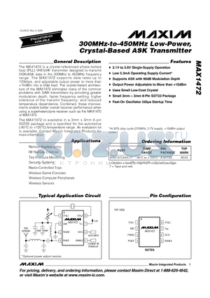 MAX1472 datasheet - 300MHz-to-450MHz Low-Power, Crystal-Based ASK Transmitter
