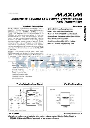 MAX1472_05 datasheet - 300MHz-to-450MHz Low-Power, Crystal-Based ASK Transmitter