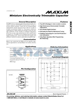 MAX1474AXT-T datasheet - Miniature Electronically Trimmable Capacitor