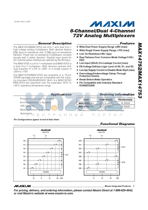 MAX14753 datasheet - 8-Channel/Dual 4-Channel 72V Analog Multiplexers