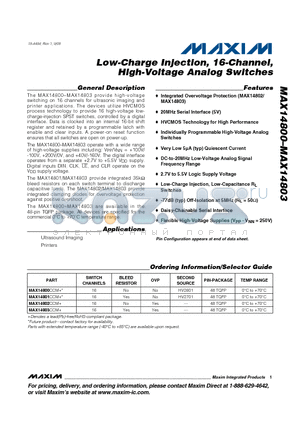 MAX14801 datasheet - Low-Charge Injection, 16-Channel, High-Voltage Analog Switches