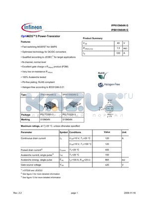 IPP015N04NG datasheet - OptiMOS3 Power-Transistor