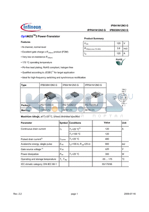 IPP041N12N3G datasheet - OptiMOSTM3 Power-Transistor