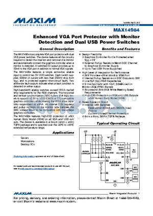MAX14984ETG+ datasheet - Enhanced VGA Port Protector with Monitor Detection and Dual USB Power Switches