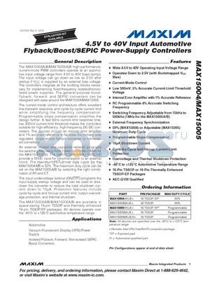 MAX15004AAUE datasheet - 4.5V to 40V Input Automotive Flyback/Boost/SEPIC Power-Supply Controllers