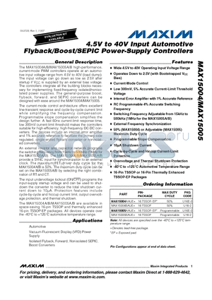 MAX15004BAUE datasheet - 4.5V to 40V Input Automotive Flyback/Boost/SEPIC Power-Supply Controllers