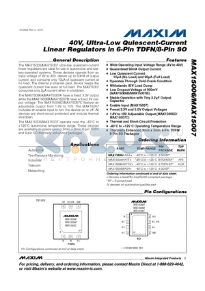 MAX15006AASA datasheet - 40V, Ultra-Low Quiescent-Current Linear Regulators in 6-Pin TDFN/8-Pin SO