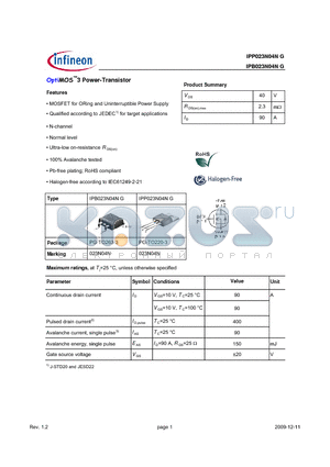 IPP023N04NG datasheet - OptiMOS3 Power-Transistor