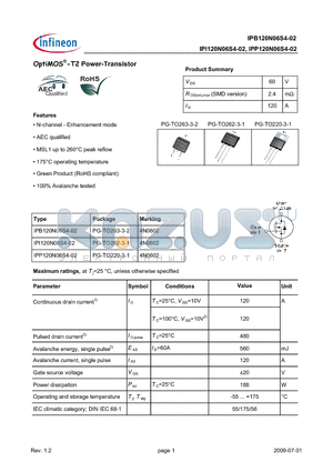 IPP120N06S4-02 datasheet - OptiMOS-T2 Power-Transistor