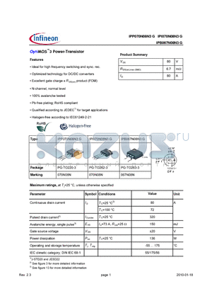 IPP070N08N3G datasheet - OptiMOS3 Power-Transistor