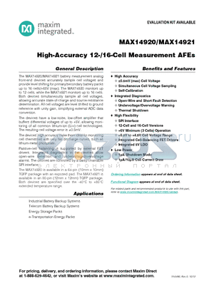 MAX14920 datasheet - High-Accuracy 12-/16-Cell Measurement AFEs