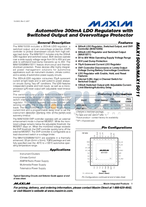 MAX15011ATJ+ datasheet - Automotive 300mA LDO Regulators with Switched Output and Overvoltage Protector