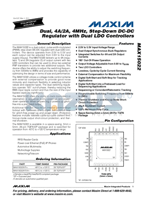 MAX15022 datasheet - Dual, 4A/2A, 4MHz, Step-Down DC-DC Regulator with Dual LDO Controllers