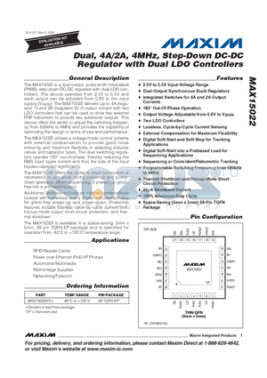 MAX15022ATI datasheet - Dual, 4A/2A, 4MHz, Step-Down DC-DC Regulator with Dual LDO Controllers