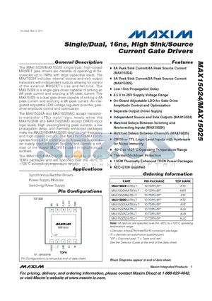 MAX15024AATB datasheet - Single/Dual, 16ns, High Sink/Source Current Gate Drivers AEC-Q100 Qualified