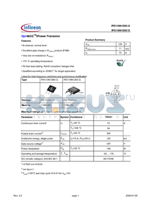 IPS110N12N3G datasheet - OptiMOSTM3Power-Transistor
