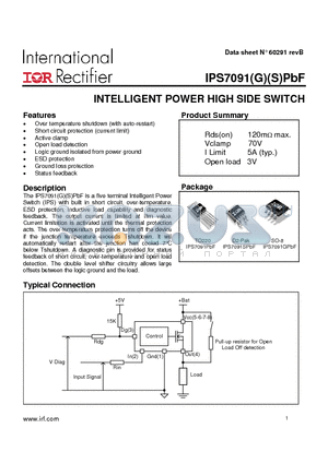 IPS7091GSPBF datasheet - INTELLIGENT POWER HIGH SIDE SWITCH
