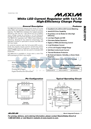 MAX1570ETE datasheet - White LED Current Regulator with 1x/1.5x High-Efficiency Charge Pump