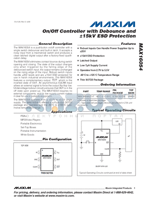 MAX16054 datasheet - On/Off Controller with Debounce and a15kV ESD Protection