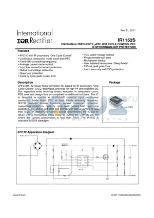 IR1152STRPBF datasheet - FIXED 66kHz FREQUENCY, lPFC ONE CYCLE CONTROL PFC IC WITH BROWN-OUT PROTECTION
