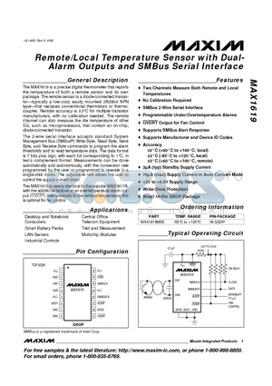MAX1619MEE datasheet - Remote/Local Temperature Sensor with Dual- Alarm Outputs and SMBus Serial Interface