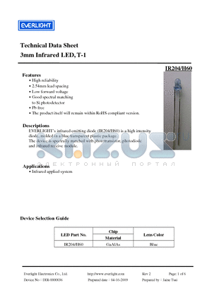 IR204-H60 datasheet - 3mm Infrared LED, T-1