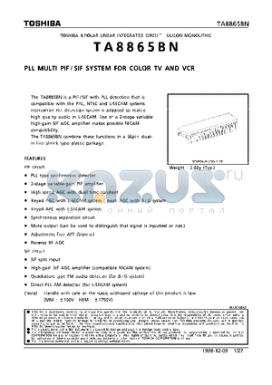 TA8865BN datasheet - PLL MULTI PIF/SIF SYSTEM FOR COLOR TV AND VCR