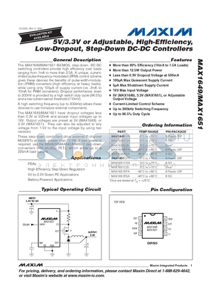 MAX1651 datasheet - 5V/3.3V or Adjustable, High-Efficiency, Low-Dropout, Step-Down DC-DC Controllers