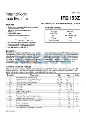 IR2153Z datasheet - SELF-OSCILLATING HALF-BRIDGE DRIVER