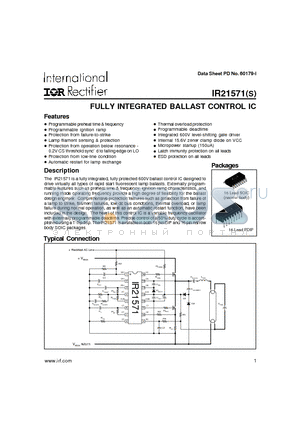 IR21571 datasheet - FULLY INTEGRATED BALLAST CONTROL IC