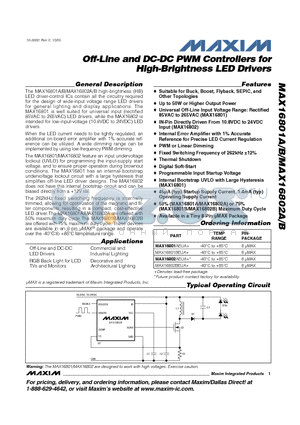 MAX16801B datasheet - Off-Line and DC-DC PWM Controllers for High-Brightness LED Drivers