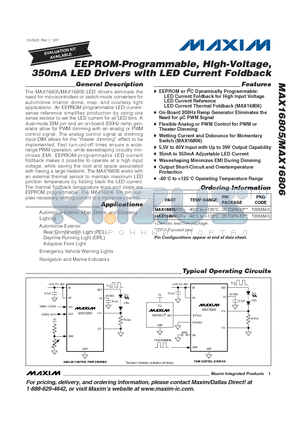 MAX16806ATP datasheet - EEPROM-Programmable, High-Voltage, 350mA LED Drivers with LED Current Foldback