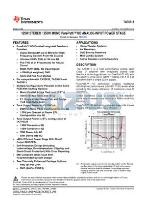 TAS5611DKD datasheet - 125W STEREO / 250W MONO PurePath HD ANALOG-INPUT POWER STAGE