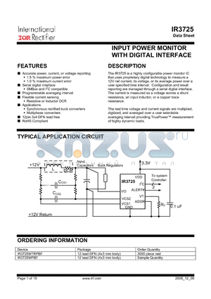 IR3725 datasheet - INPUT POWER MONITOR WITH DIGITAL INTERFACE