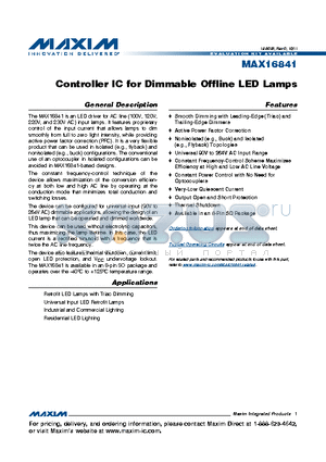 MAX16841 datasheet - Controller IC for Dimmable Offline LED Lamps