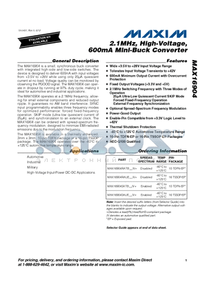 MAX16904SATB_/V+ datasheet - 2.1MHz, High-Voltage, 600mA Mini-Buck Converter