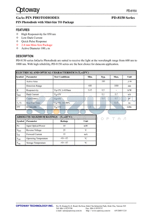 PD-8150_09 datasheet - GaAs PIN PHOTODIODES PIN Photodiode with Mini-Size TO Package