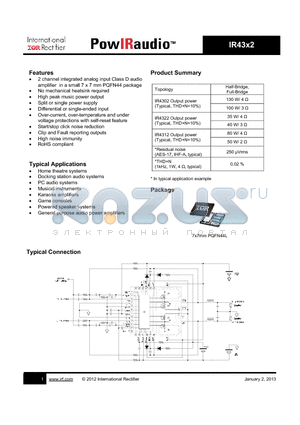 IR4312M datasheet - channel integrated analog input Class D audio amplifier in a small 7 x 7 mm PQFN44 package