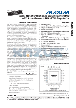 MAX17020 datasheet - Dual Quick-PWM Step-Down Controller with Low-Power LDO, RTC Regulator
