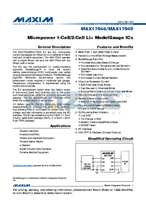 MAX17048X+ datasheet - Micropower 1-Cell/2-Cell Li ModelGauge ICs