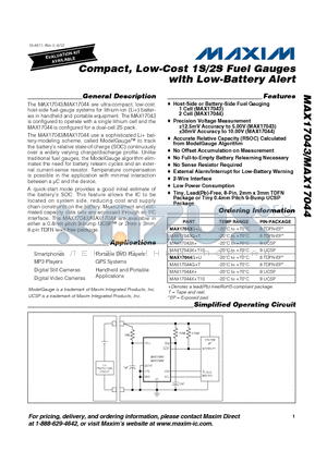 MAX17044X+ datasheet - Compact, Low-Cost 1S/2S Fuel Gauges with Low-Battery Alert